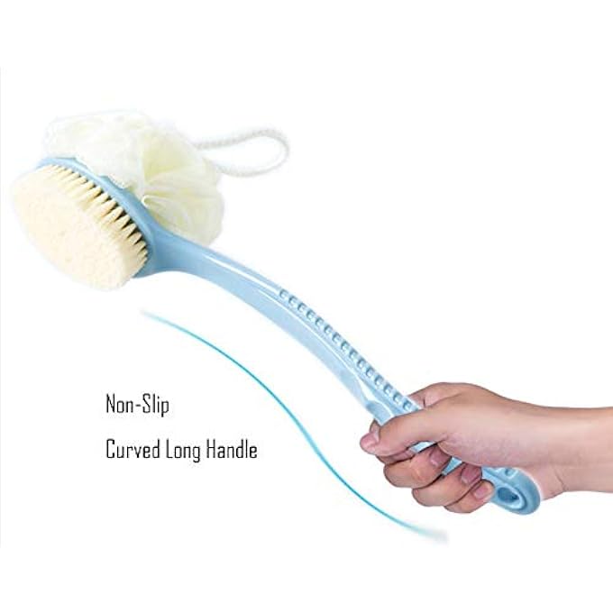 Longkins فرشاة استحمام ذات جانبين، مقبض طويل، شعر ناعم، فرشاة استحمام، فرشاة استحمام للجسم، فرشاة دش من الطين، أدوات استحمام زرقاء - Image 5